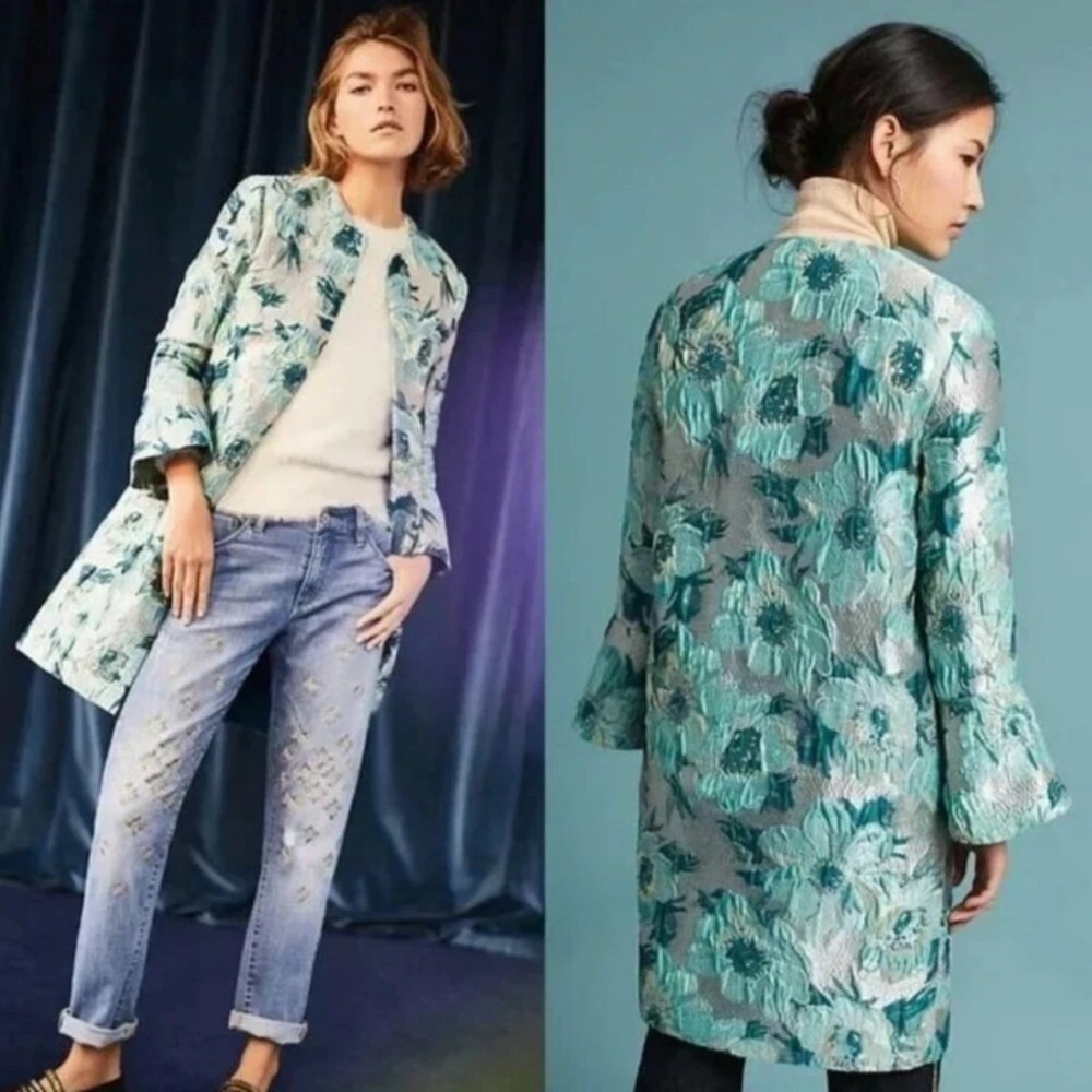 Anthropologie Seen Worn Kept Ornate Jacquard Coat Size US 4 Teal Gold Metallic